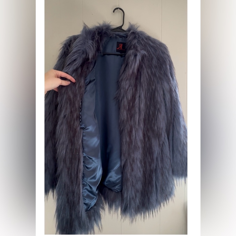 Adrienne Landau Faux Fur Blue Mid-Length Collarless Jacket Size Small